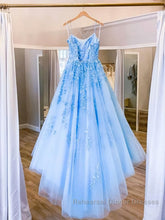 Spaghetti Straps Backless Blue Lace Semi Formal Prom Dresses, Open Back Blue Lace Formal Evening Dresses